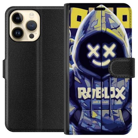 Kompatibelt Lommeboketui til Apple Apple iPhone 15 Pro Max Blågul Roblox hettegenserfigur med minimalistisk neonstil og masket ansikt, moderne spilli