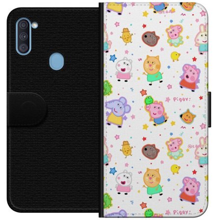 Yhteensopiva Lompakkokotelo Samsung Galaxy A11 Värikkäät piirretyt eläinhahmot leikkisässä tyylissä tähtien ja pisteiden kera vaalealla taustalla