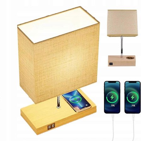 Bordlampe med E27 LED-lampe, skrivebordslampe, trådløs lader, 2 USB