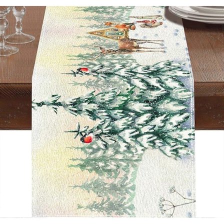 Joulupöytäliina Hirvi Puut, Talvikauden Joulu Keittiön Ruokapöydän Koriste, Joulu Valkoinen Vihreä Pellavapöytäliina (183x33 cm)