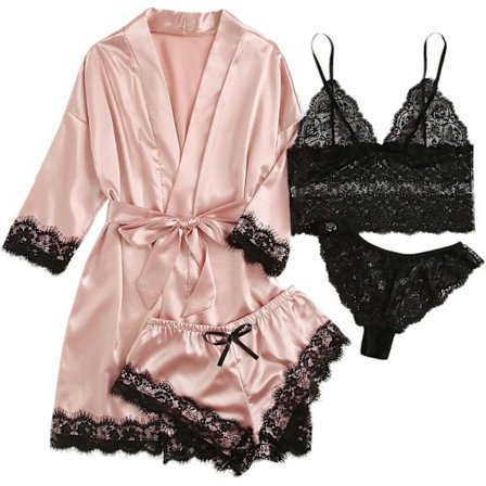 Naisten satiinipyjamasetti, 4 kpl, kukkakuvioinen pitsi, olkaimettomat alusvaatteet, yöpaita, aamutakki