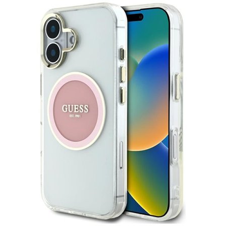 Guess IML Metal Colored Circle Classic Logo MagSafe iPhone 16 kotelo - vaaleanpunainen