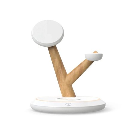 Trærformet USB-oppladbar magnetisk tre-i-ett trådløs ladestativ - Hvit og tre PK