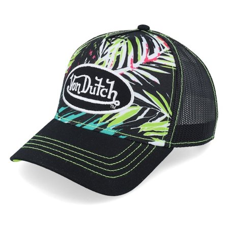 Von Dutch - Oval Patch Black/Tropical Print Trucker Trucker Black Cap - @ Hatstore