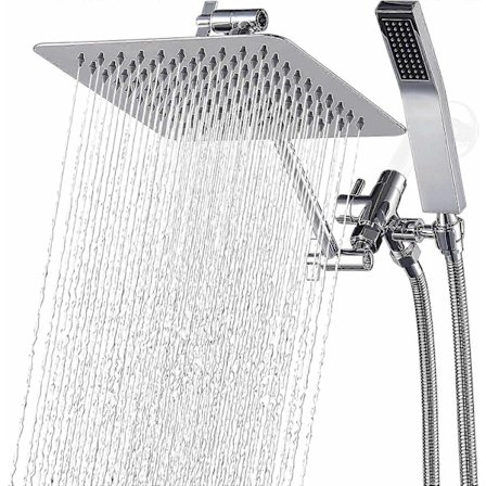 Helt Metall Dubbel Fyrkantig Duschhuvud Combo | 10" Regnduschhuvud med Handhållen | 71" Lång Flexibel Slang | Smidig 3-Vägs Omkastare - WELLNGS