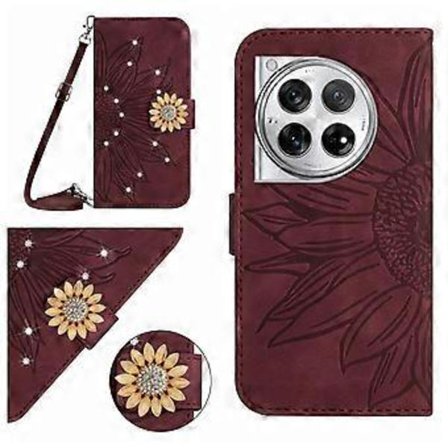 Yhteensopiva OnePlus 12 5G:n kanssa, kohokuvioitu auringonkukka timanteilla, magneettinen korttipidike lompakkokotelo olkahihnalla - Viininpunainen