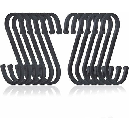 S-kroge, sæt med 12 flade aluminiums S-kroge til ophængning, mat finish slagterkroge til køkken, soveværelse, badeværelse, kontor og have, sort,