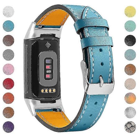 Premium Ægte Læderarmbånd til Fitbit Charge 5/6 - Blødt Justerbart Erstatningsarmbånd Blå Fitbit Charge 6
