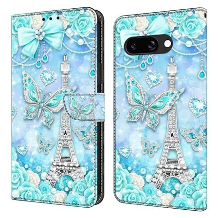 Google Pixel 9a lommebokveske med mønsterutskrift stativ lær flip telefondeksel - Sommerfugl Kobolt Tårn