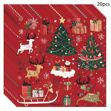 20-pakning Julebordsservietter - Rødt og grønt høytidsbord med design av julenissen, reinsdyr, snømann, bjeller og gaveesker - Tysk/Fransk[YJD]