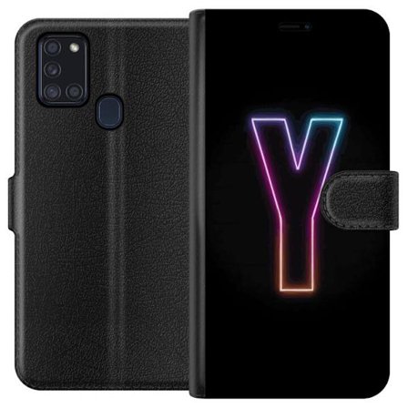 Kompatibel Tegnebogsetui til Samsung Samsung Galaxy A21s Minimalistisk neonbogstav Y i farveskiftende lys mod sort baggrund