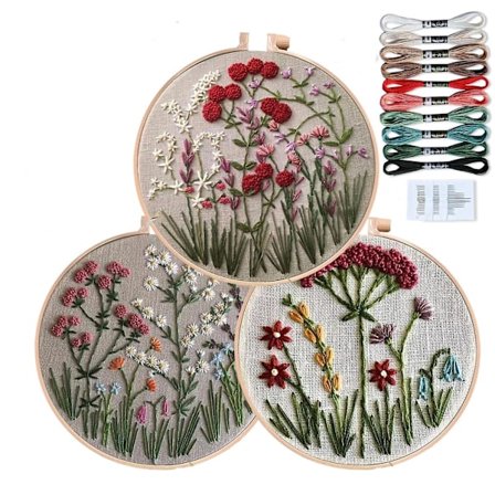 Aloittelijan kirjontakehys kukkapaketti, leimattu ristipistokirjonta-sarjat söpöillä kukilla ja kasveilla, sisältää kirjontakehyksen ja värilliset 