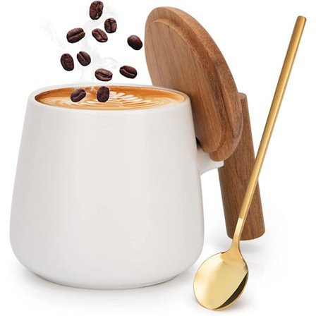 Keramisk kaffekopp, tekopp for kontor og hjem, 14 oz kaffekopper med lokk og kaffeskje, bursdag, (hvit)