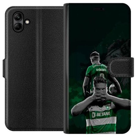 Yhteensopiva Lompakkokotelo Samsung Galaxy A05 Neonmotiivi, jossa teksti "Gaming is in my DNA" sinisenä ja punaisena tiiliseinällä, jossa loistava DNA