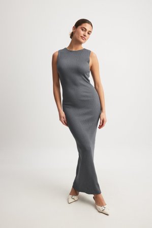 NA-KD Robe longue en maille fine côtelée - Robe jersey - Gris - XXS