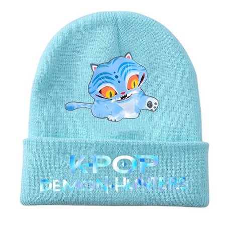 KPOP DEMON HUNTER omgivende strikket hue krøllet uldhue trykt beanie udendørs kold hue voksen Blue-2