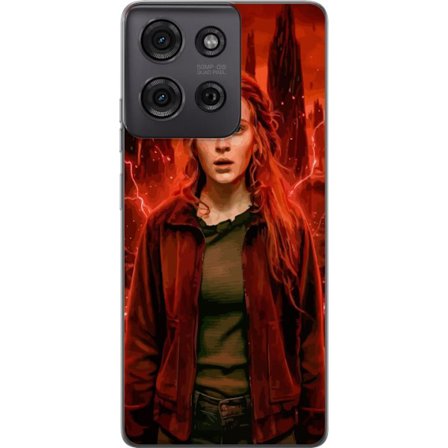 Kompatibelt Mobilskal till Motorola Motorola Moto G75 Porträtt av en ung kvinna med rött hår i en apokalyptisk landskap, röda blixtar och mörka k