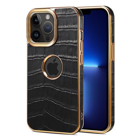 För Iphone 13 Pro Max Läderbelagd phone case Galvanisering Pc+tpu cover med logotypvy