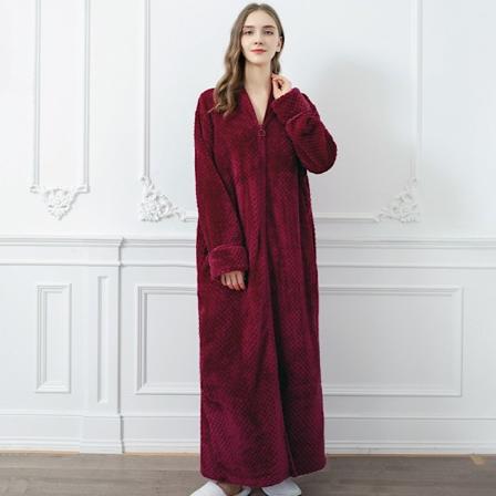 Glidelås Morgenkåpe for Kvinner Flanell Fleece Kåper Vintervarm Huskåpe Nattkjole Vinrød L Wine Red