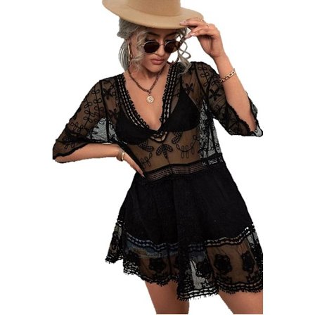 Kvinners Strandkjole Heklet Blonder Bikini Cover Up Gjennomsiktig Hul Blomster Strandkjole 3/4 Ermer