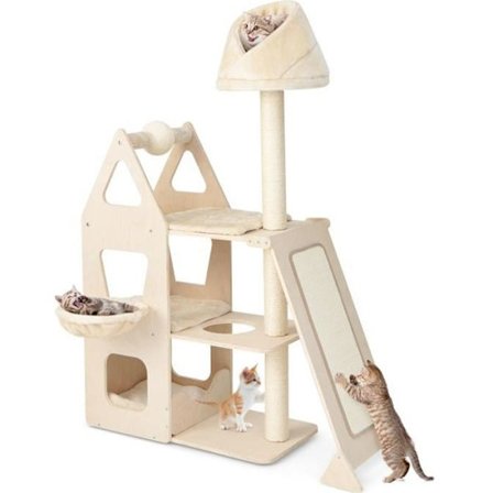 COSTWAY massivt træ kattetræ 162 cm - Kattetårn i flere lag - kugle og roterende kradsestolper, sisalrampe - beige
