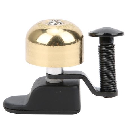 Cykelklocka i mässing, liten, mountainbike, böjt handtag, klart ljud, guld