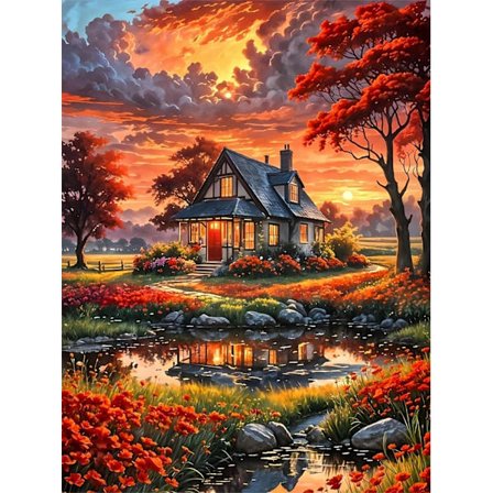 Diamond Art Kits til voksne begyndere, Efterårslandskab Hytte DIY Fuld Runde Bor Diamond Painting Kits, Mal efter Diamanter Prikker Gem Art, Hjem 