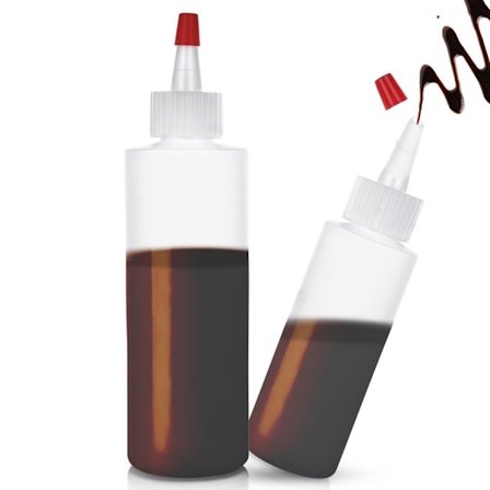 Två flaskor för tårtdekoration, såsdosering med lock