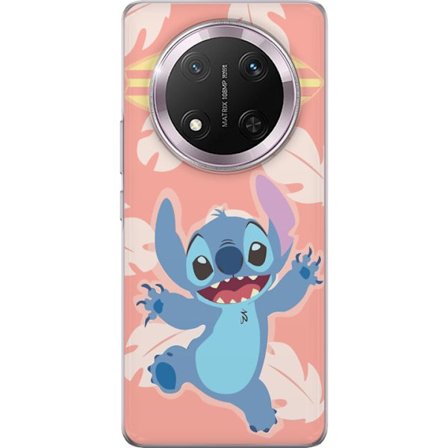 Kompatibel Mobilcover til Honor Magic7 Lite Glad illustration af Stitch der hopper foran lyserød baggrund med surfbræt