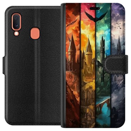 Kompatibel Tegnebogsetui til Samsung Samsung Galaxy A20e Fire magiske slotte i forskellige elementfarver, episk fantasykunst med ild vand luft og mør