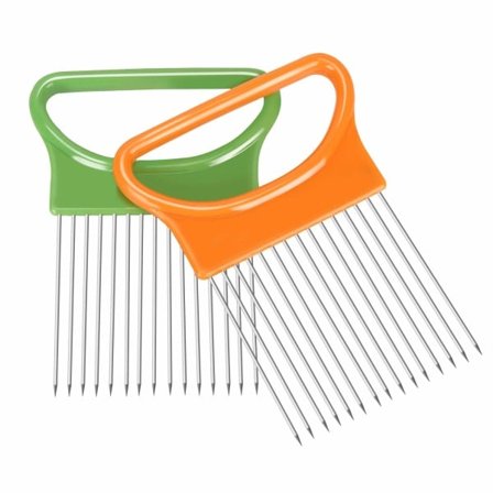 2 stk. løgholder til skæring, rustfrit stål pinde køkken skærer, citron agurk kammer, kød mørner, grøn og orange (orange)