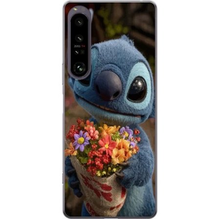 Kompatibelt Mobildeksel til Sony Sony Xperia 1 IV Søt blå figur med store øyne som holder en fargerik bukett i varm og søt stil