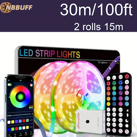 Smarte LED-lys, 99,97 cm - 30,48 meter Smart APP-styring Musiksynkronisering Farveskiftende lysstrips med fjernbetjening og timer, justerbar[YJD]