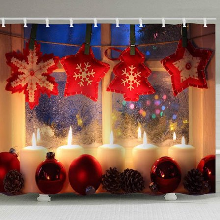 180cmx181cm jouluaiheinen suihkuverho, joulu-uudenvuoden teema, kangasverhosetti kylpyhuoneeseen, koukut mukana B)