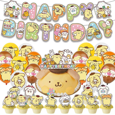 Pom Pom Purin-tema Födelsedagsfesttillbehör Cartoon Banner Ballonger Kit Tårta Cupcake Toppers Set