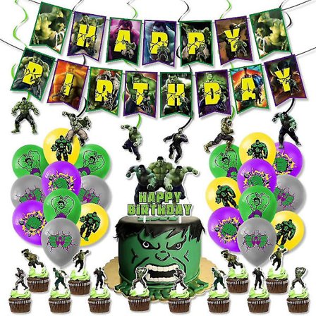 The Hulk-tema festbanner, ballonger, kakepynt, hengende virvler dekorasjonssett