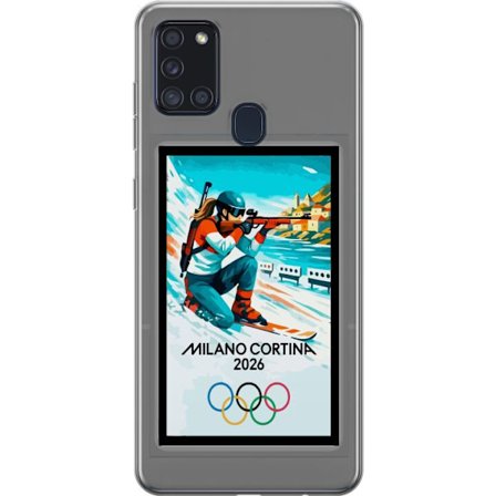 Kompatibelt Mobildeksel til Samsung Galaxy A21s Retroplakat Cortina Milano 2026 med fjell, vintersportsutøvere, italienske trikolor, Milano-katedralen