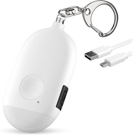 ING Personlig alarm, USB oppladbar, 130dB høyt sikkerhetssirene, med LED-lys, nødkapp eller trekkpinne alarm nøkkelring (hvit)