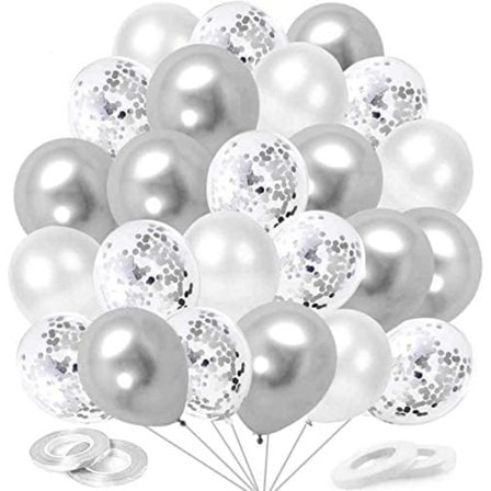 Silver Ballonger, 60 st Konfetti Silver Helium Ballonger, Silver Vit Metallic Ballong Ballonger för Bröllop, Födelsedag, Baby Shower, Examen, Ceremoni