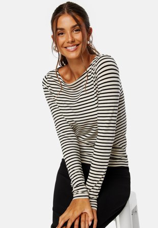 VERO MODA - Fiona LS Boatneck Top - Birch Stripes Black - Kläder - - Bubbleroom