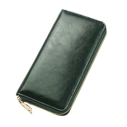 Plånbok - TD - Långt koskinn - Dragkedja - Stor kapacitet - Mörkgrön