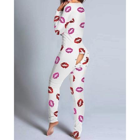 Sexig Pyjamas för kvinnor Julpyjamas Nyårs Jumpsuit Sovkläder Button-down Fram Bak Rumpa Rumpa Öppen Ass Flap Jumpsuit Print Loungewear White L
