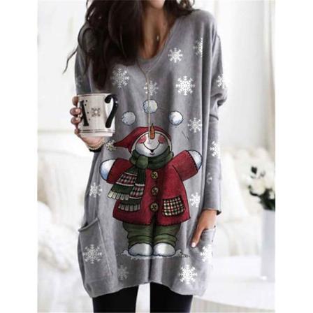 Print Med Fickor T-shirt V-hals Baggy Pullover