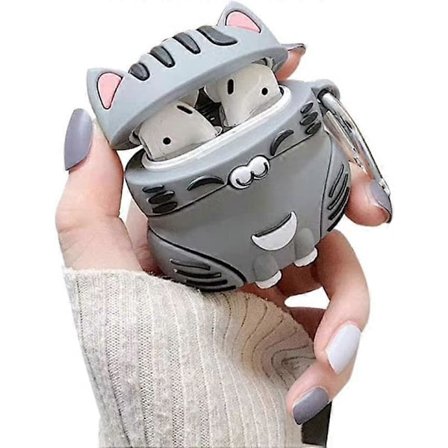 AirPods-fodral 1/2, Super Söt Sittande Lyckokatt Kitty AirPods Skyddsfodral, Mjuk TPU Silikon Gel Hörlursfodral Kompatibelt med AirPods 1/2 - Grå
