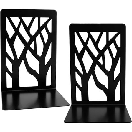 2 stk. Bogstøtter til Hylder Kraftige Metal Bogstøtter Dekorativt Træ Unikt Design Bogstoppere - Sort