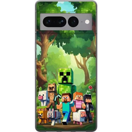 Kompatibel Mobilcover til Google Pixel 7 Pro Klodset pixeleret spilverden med grønne figurer og dyr i frodig skovmiljø