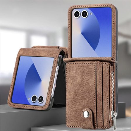 Samsung Z Flip 7 telefondeksel, beskyttelsesdeksel med kortholder, brun