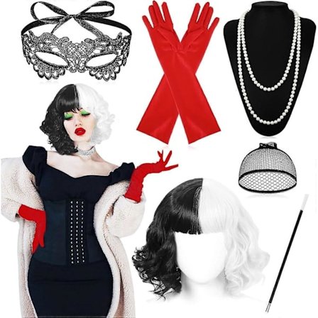 Cruella Kostume til Kvinder 70'er Tilbehør, Kort Sort og Hvid Paryk med Holder, Handsker, Halskæde, Blonde Maske, Paryk Hat, til Halloween Kostume 