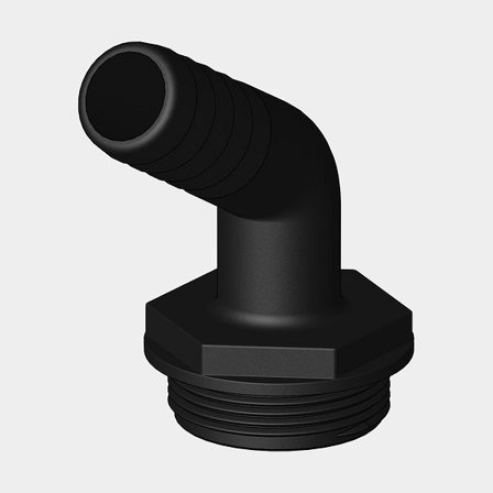 Slangnippel TruDesign Aquavalve Tails, komposit, vinklet 120°, 1 1/2" G (BSP) (udvendig) til 1" (25 mm) slange, sort