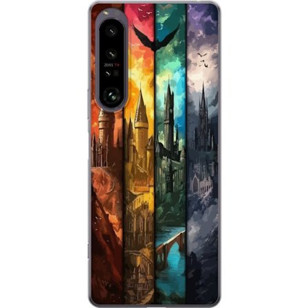 Kompatibelt Mobilskal till Sony Sony Xperia 1 IV Fyra magiska slott i olika elementfärger, episk fantasykonst med eld vatten luft och mörker i detal
